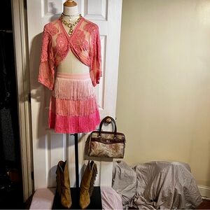 New Main Strip Wms Pink Ombré Tired Fringe Flapper Festival Party Mini Skirt L